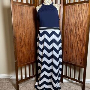 Sleeveless Navy/White Chevron Chain Halter Floor Length Maxi Dress Sz XXL